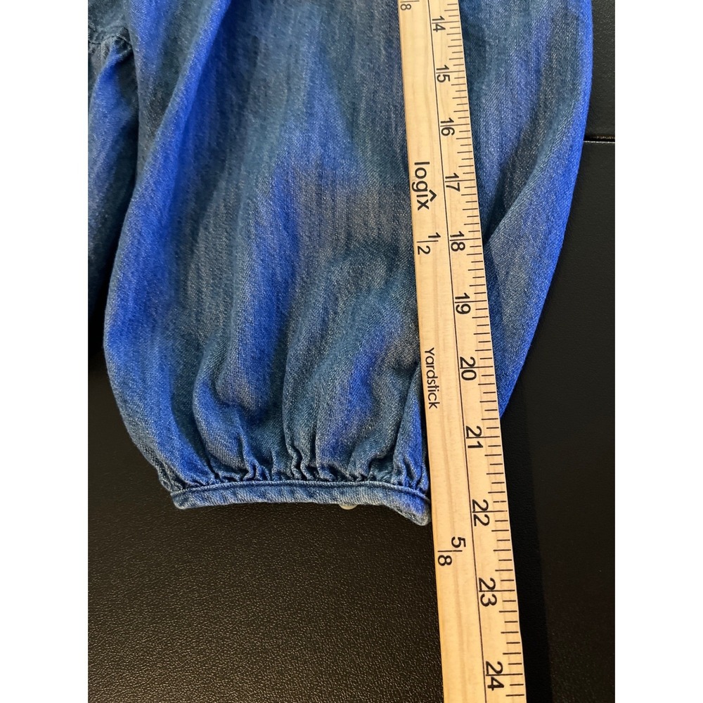 Old Navy Tiered Blue Denim Blouse Medium Puff Sleeve Babydoll Cottagecore - Picture 6 of 9